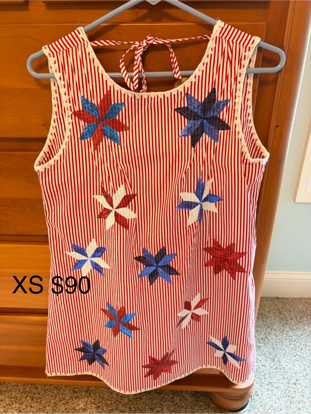 QUEEN OF SPARKLES Red & White Striped Tank Dress with Star Appliqués